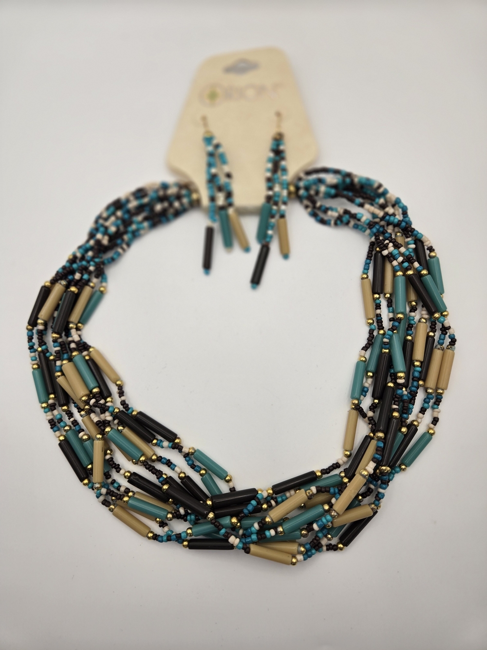 ORION Multi-Strand Turquoise Brown Tan Gold Beaded Necklace Matching Earrings